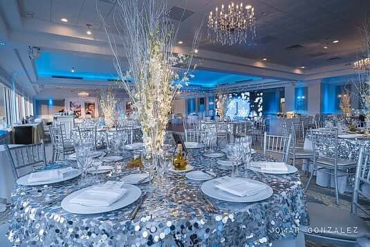 Elegant silver and white indoor bat mitzvah party decorations
