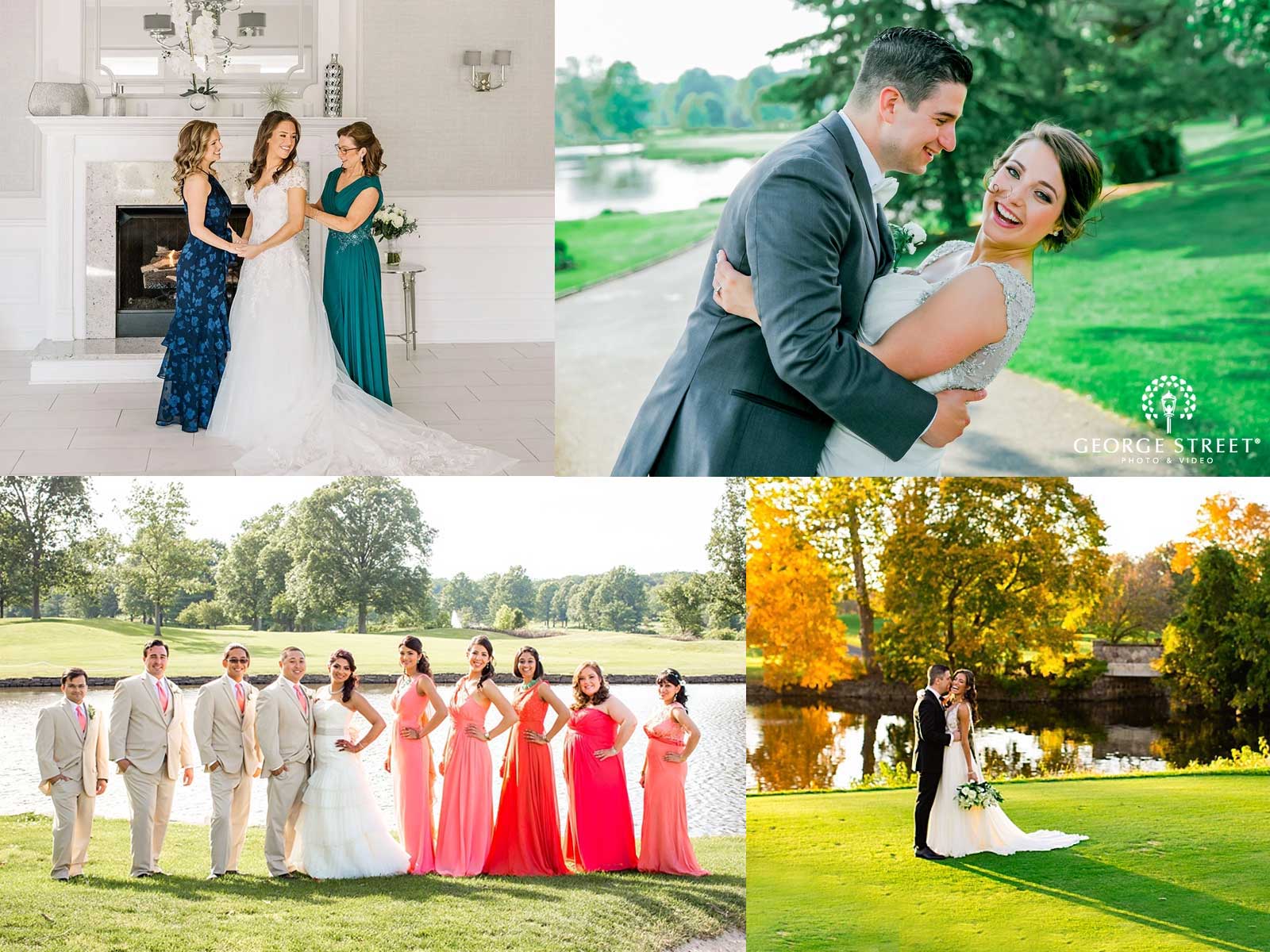 brooklake-photographer-scenes-alt-2 Collage of wedding scenes at an NJ wedding venue: brides indoors, couple embracing outdoors, wedding party posing on grass, and bride and groom standing together near a pond with trees in the background.