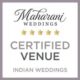 Maharani Weddings certified venue badge featuring five gold stars and text indicating certification for Indian weddings.